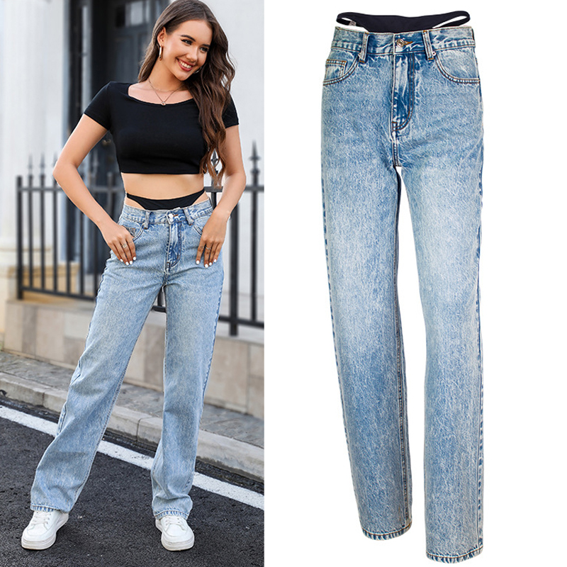 Streetwear Outfit Brand - Fake Two-Piece Stitching Straight Jeans Women